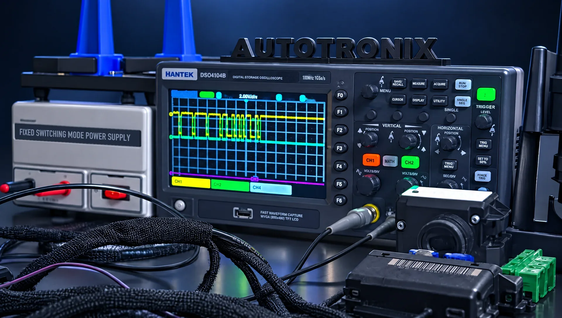 Testbank met oscilloscoop in de werkplaats van Autotronix